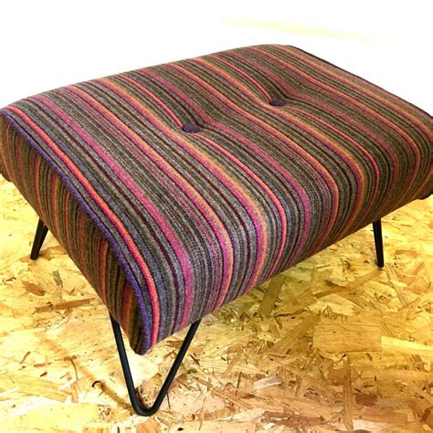 Custom hairpin leg footstool upholstered in this striking warwick wool fabric. Finished off with ...