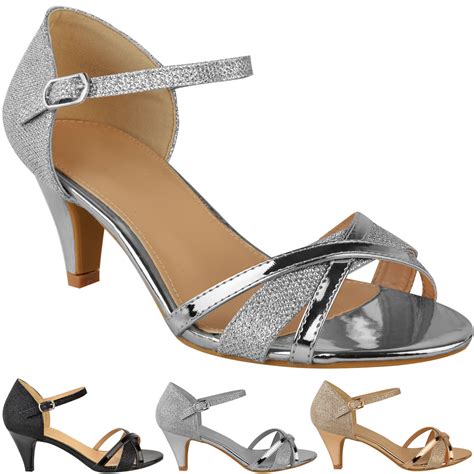 Womens Ladies Low Heel Wedding Bridal Silver Sandals Party Strappy ...