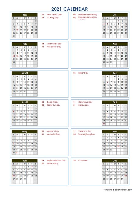 2021 Yearly Calendar Template Vertical Design - Free Printable Templates