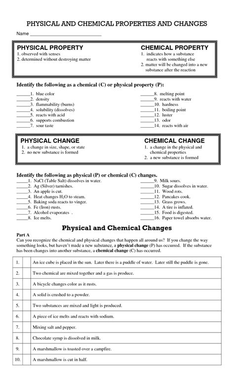 Free Physical And Chemical Changes Worksheets