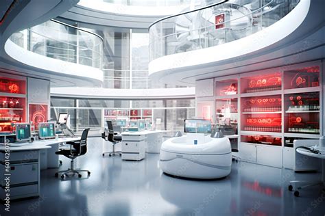 Smooth clean white and red futuristic interior, science fiction lab or ...