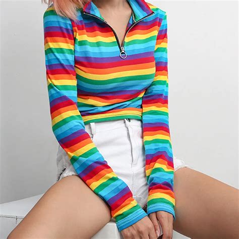 long Sleeve T shirt Women casual cropped tee Turtleneck Rainbow Color ...