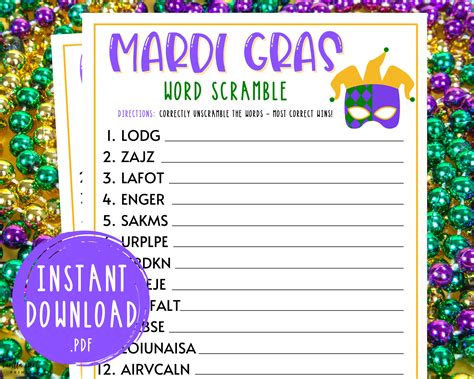 Mardi Gras Word Scramble Game Fat Tuesday Party Games | Etsy