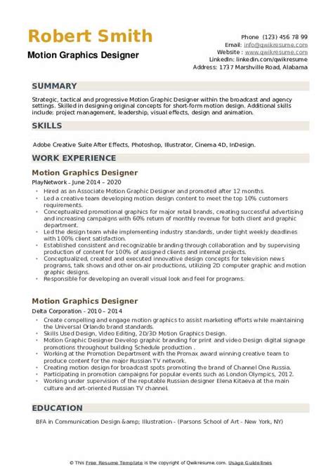 Motion Graphics Designer Resume Samples | QwikResume