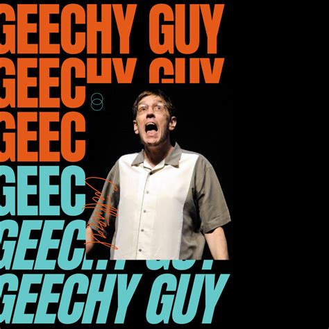 a man with his mouth open standing in front of a black background and the words gechy guy on it