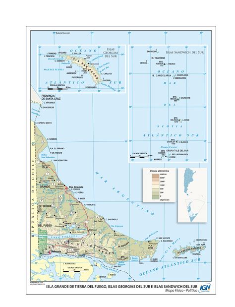 Mapa físico/político de la Isla Grande de Tierra del fuego, Isla de Los ...