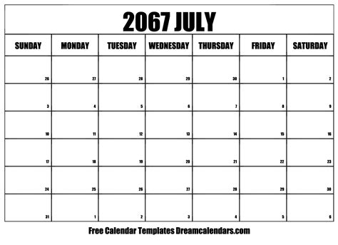 July 2067 Calendar - Free Printable with Holidays and Observances