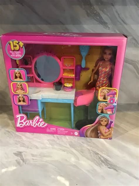 BARBIE DOLL HAIR Salon Playset Long Color-Change Hair 15 Accessories ...