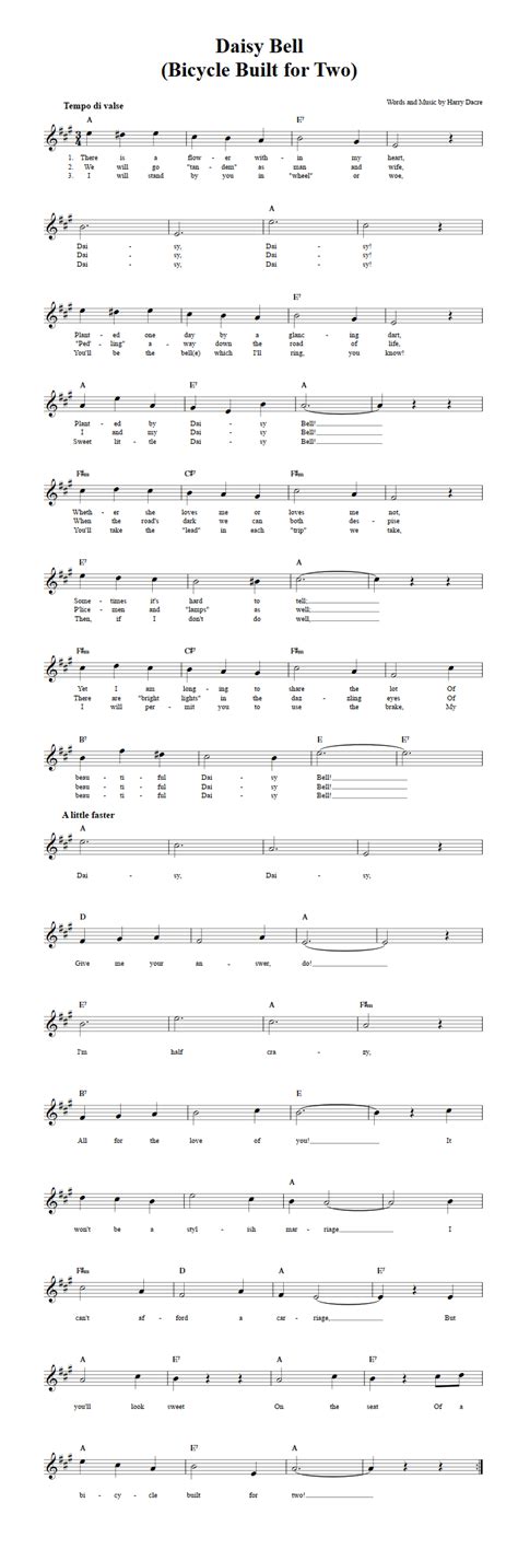 Daisy Bell B-Flat Instrument Sheet Music (Lead Sheet) with Chords and ...