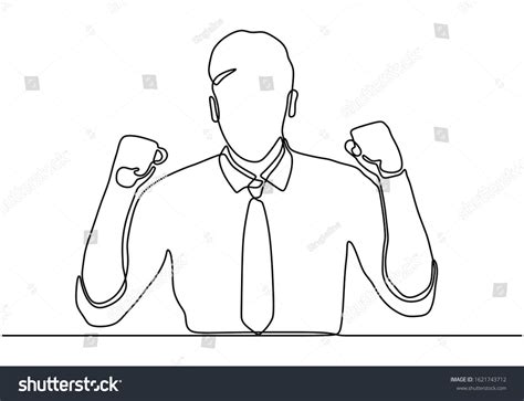 Continuous line drawing. Businessman feeling happy, person raising hands, celebrating new ...