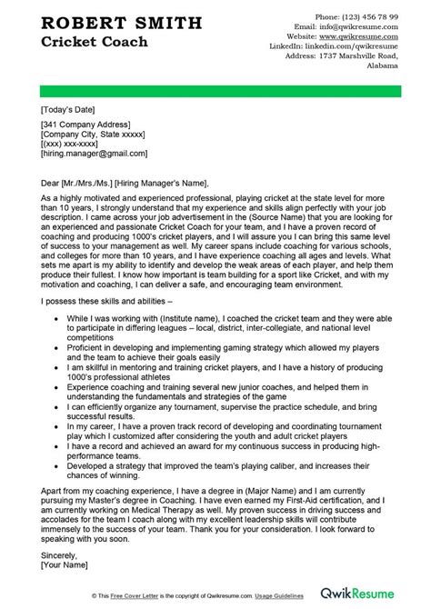 Cricket Coach Cover Letter Examples - QwikResume