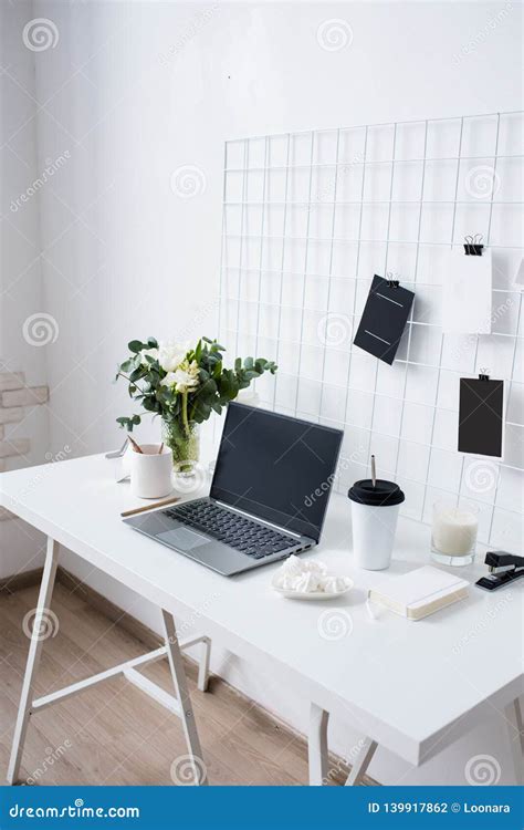 Stylish White Professional Office Interior, Minimalist Loft Workspace Stock Photo - Image of ...