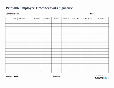 Printable Employee Timesheet With Signature in PDF