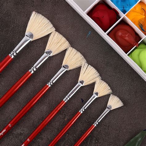 6Pcs Set Fan Artist Paint Brush Pure Hog Bristle Oil Acrylic Watercolor Brush # | eBay
