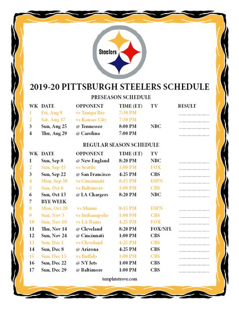 Printable 2019 2020 Pittsburgh Steelers Schedule | FreePrintableTM.com