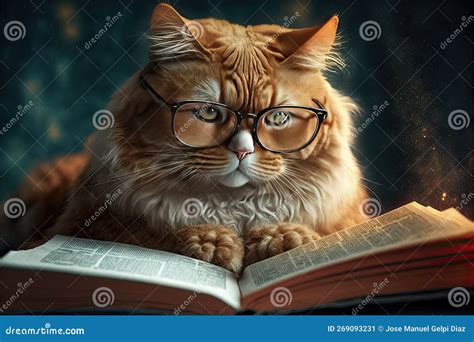 Intelligent Cat Wearing Glasses for Reading a Book. Education Concept ...