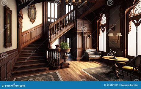 Dark Gothic Mansion Hall in Victorian Style Interior with Staircase and ...