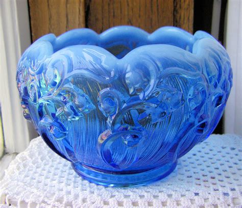 Fenton Sapphire Blue Opalescent Lily of the Valley Rose Bowl Fenton Glassware, Antique Glassware ...