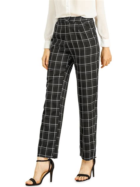 Unique Bargains - Women's Plaid Trousers Pockets Straight Leg Casual ...