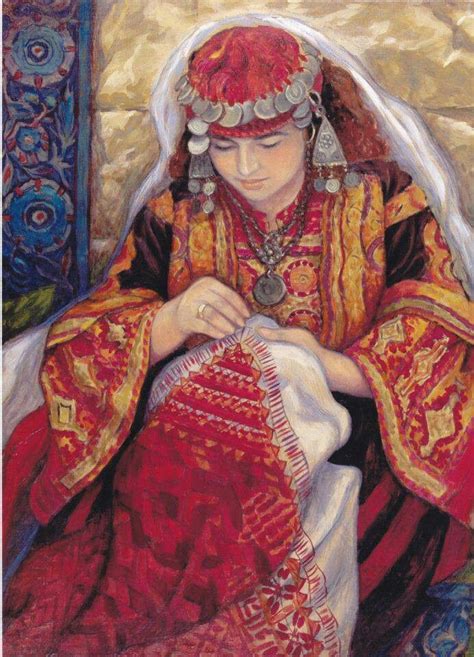 Palestinian Painting of a woman in a traditional dress doing the embroidery on another dress ...