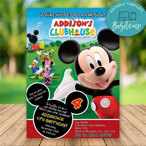 Editable Mickey Mouse Clubhouse Birthday Invitations DIY | Bobotemp