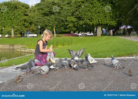 A Girl is Feeding the Pigeons in the Park. Stock Photo - Image of blond, architecture: 70257754