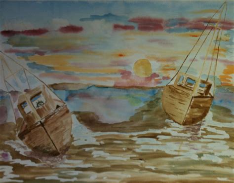 Ships at Sunset | Painting, Art, Sunset