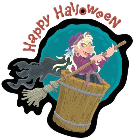 Premium Vector | Old angry halloween witch flying with her old magic broom and mortar in a dark ...