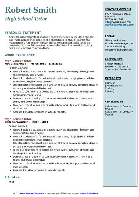 High School Tutor Resume Samples | QwikResume