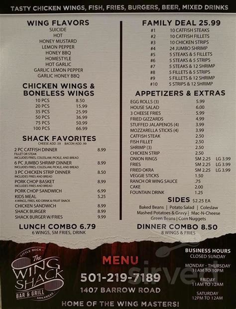 Menu for Wing Shack Sports Bar and Grill in Little Rock, AK | Sirved