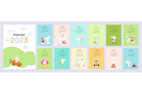 Wall calendar 2023 with cute rabbits. Kid animals print desi