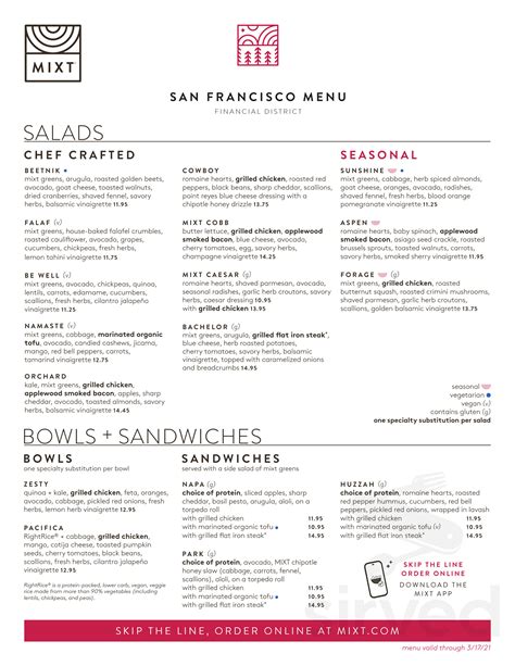 Mixt menu in San Francisco, California, USA