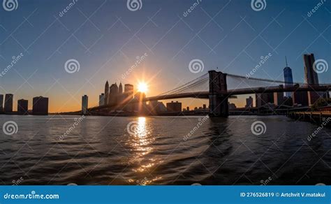 Sunrise Over Brooklyn Bridge and Downtown New York City Stock Illustration - Illustration of ...