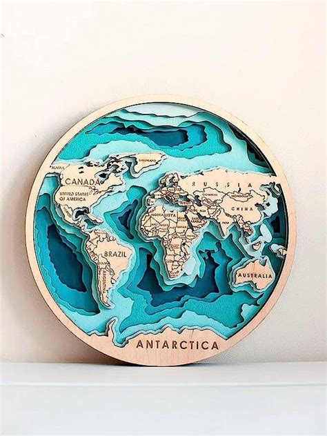 Map of the world size 12.5", multi -layer panel 3D Wood World Map ...