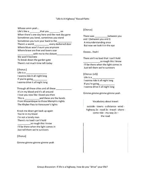 Song Worksheet: Life is a Highway by Rascal Flatts