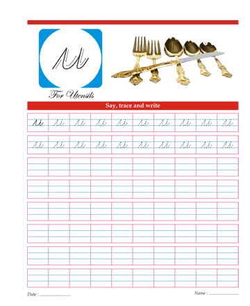 the printable worksheet for handwriting with gold forks and spoons on it