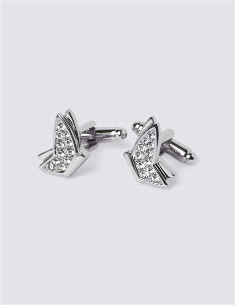 Rhodium Crystal Butterfly Women's Cufflinks in Silver | Hawes & Curtis