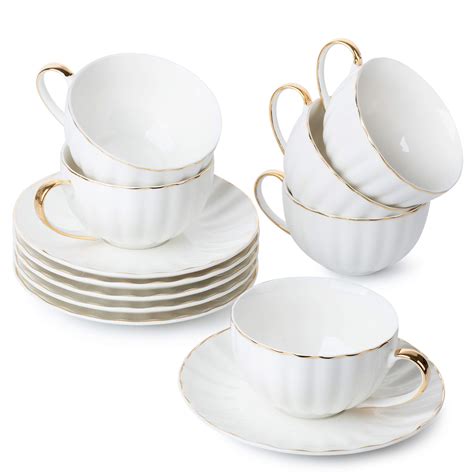 Buy BTaT- Tea Cups and Saucers, Set of 6 (7 oz) with Gold Trim and Gift Box, Cappuccino Cups ...