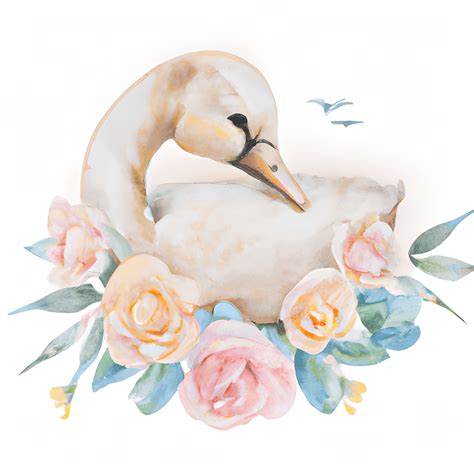 Cute Watercolor Baby Swan with Flowers Nursery Poster · Creative Fabrica