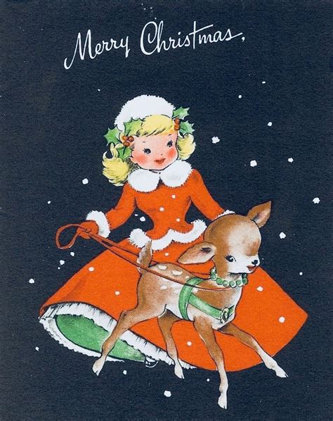 #retrochristmas, #merrychristmas, Vintage Christmas Card, Retro Christmas Card, Baby Deer ...