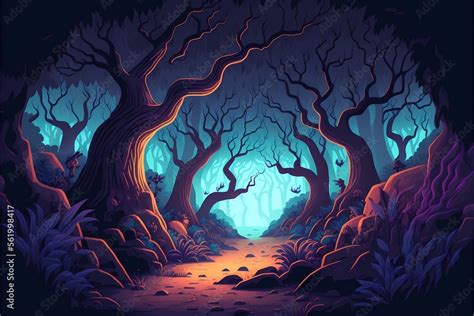 Mystical forest illustration, cartoon style landscape,endless nature background for Game ...