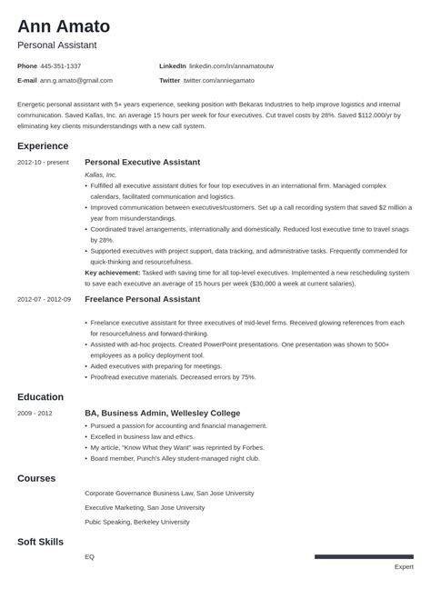 personal assistant resume example template minimo | Job resume examples, Resume tips, Job resume