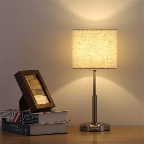 Small Table Lamp - Brushed Steel Bedside Lamp with Linen Fabric Shade and Metal Base Nightstand ...