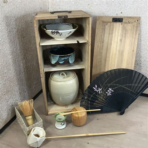 Japanese Vintage Tea Ceremony Set Chabako wooden box Complete set 1970s Green tea set pottery ...