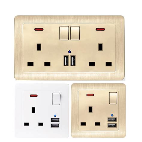 USB-Wall-Socket-UK-Plug-British-Outlet-White-Plastic-Gold-Metal-Plate ...