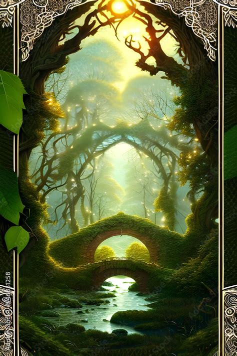 An old enchanted magical bridge over a river covered with ivy leaves ...