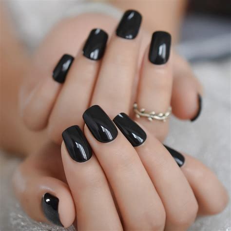 Black Short Press on Nails False Square Nails Glossy Black - Etsy