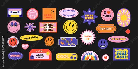 Cool trendy retro stickers with smile faces, cartoon comic label ...