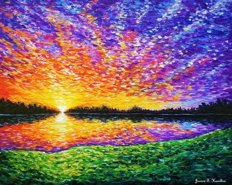 Oil Painting Sunset by the Lake Modern impressionism Wall | Etsy