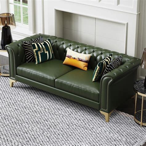 92" Green Tufted Chesterfield Sofa Microfiber Leather Upholstered 3 Seater | Green leather sofa ...